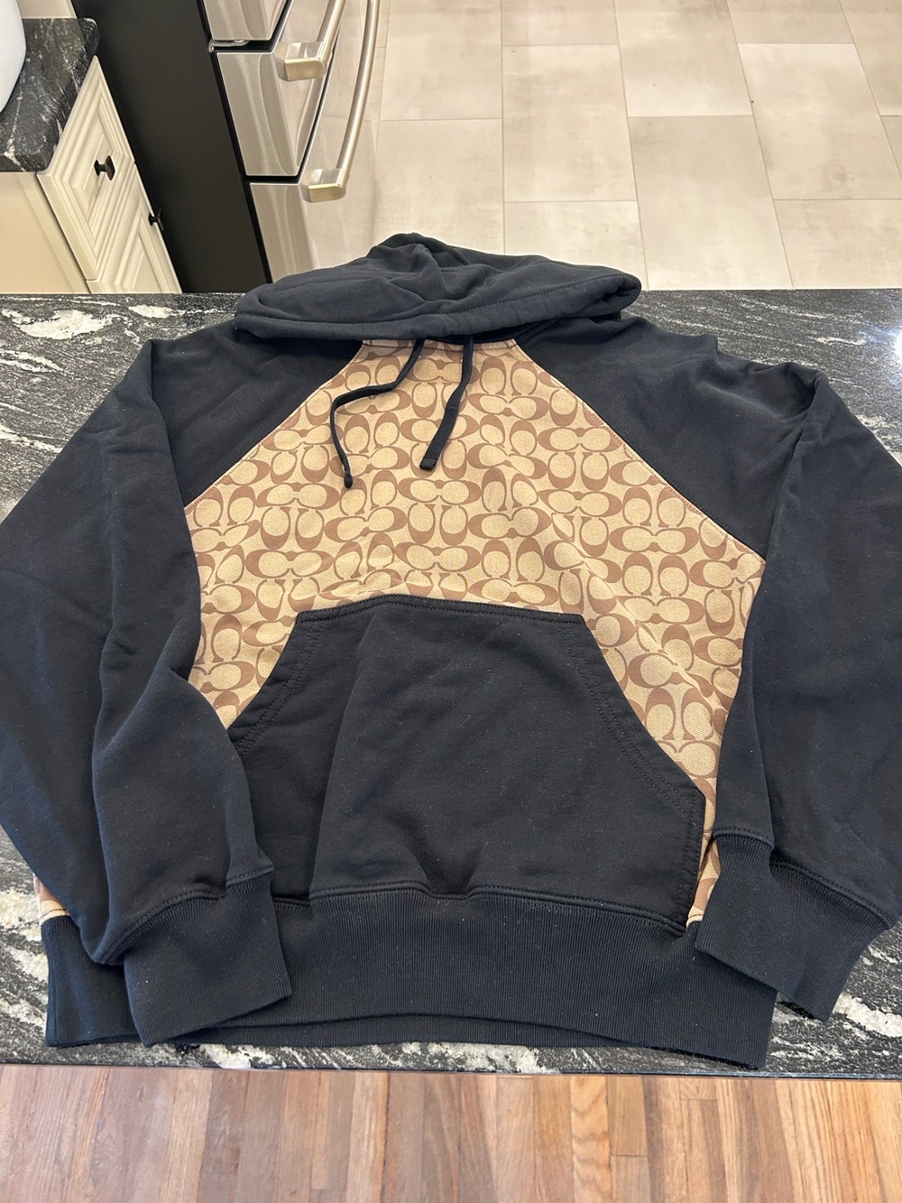 Coach Black Zip-Up Hoodie with Signature Tan Canvas Panel